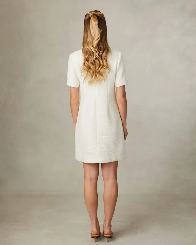 Fee G Yvonne Cream Short Sleeve Woven Dress With Beaded Collar From The Back