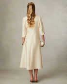 Fee G Briana Beige/Gold Panel Midi Dress With Split Neckline From The Back 