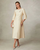 Fee G Briana Beige Panel Midi Occasion Dress With Split Neckline