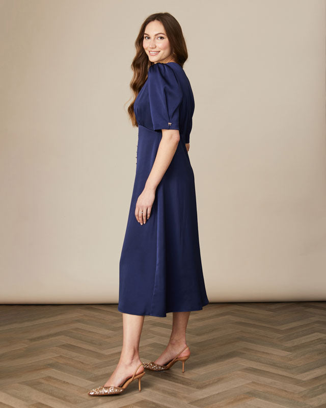 Fluid button front midi dress in luxe navy satin – Fee G Evelyn