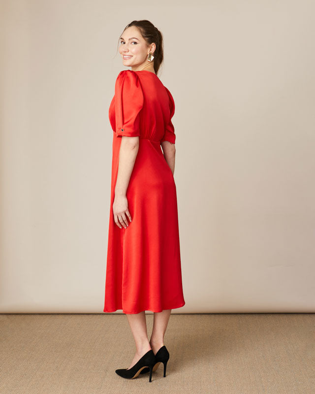 Fee G red occasion midi dress with sparkle buttons and soft drape