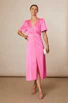 Fee G Chrissie silky pink occasion dress side view
