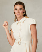 Fee G Jean Marie Cream Tailored Belted Shirt Dress With Cap Sleeves 