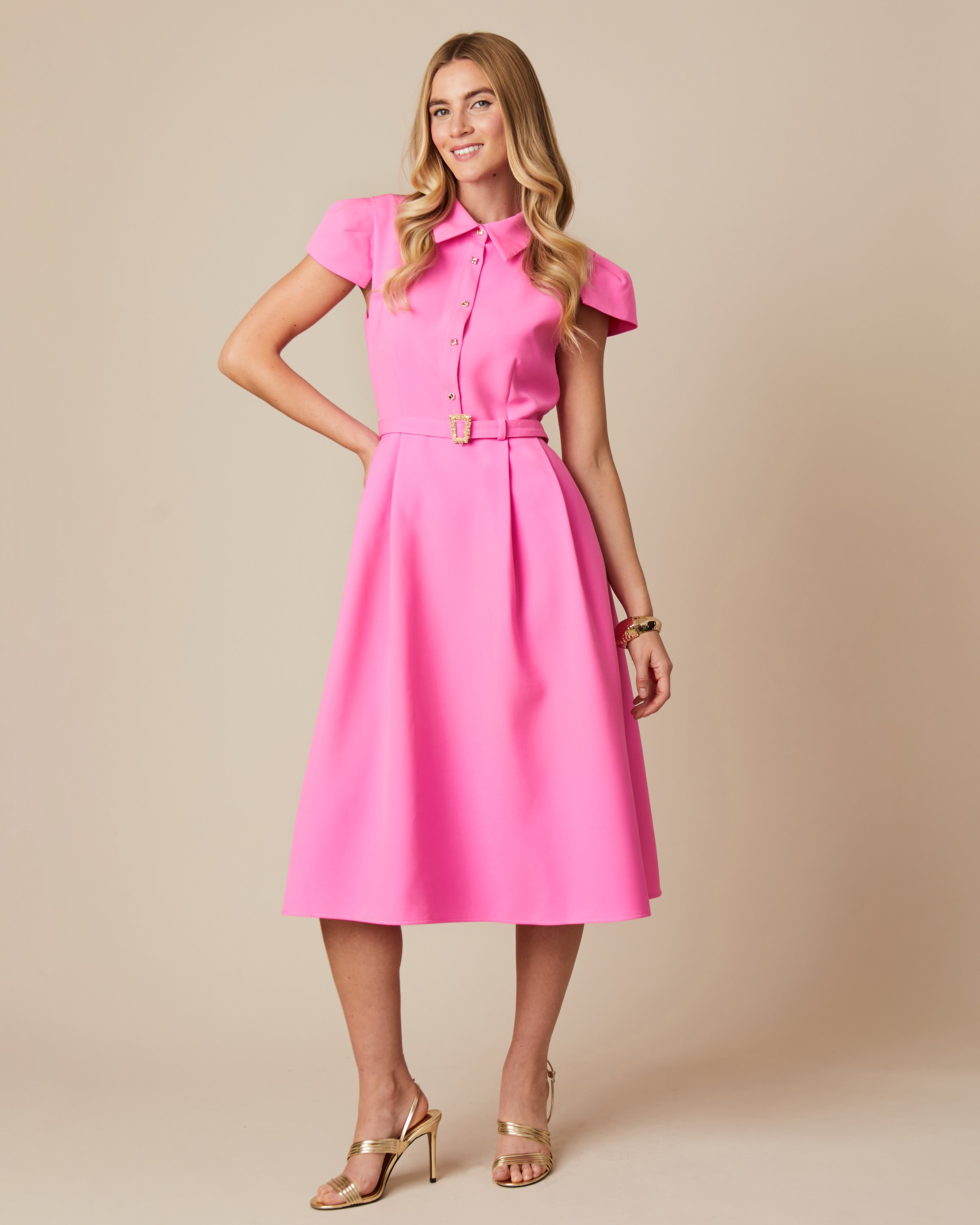 Fee G Jean Marie Pink Tailored Belted Long Shirt Dress With Cap Sleeves 