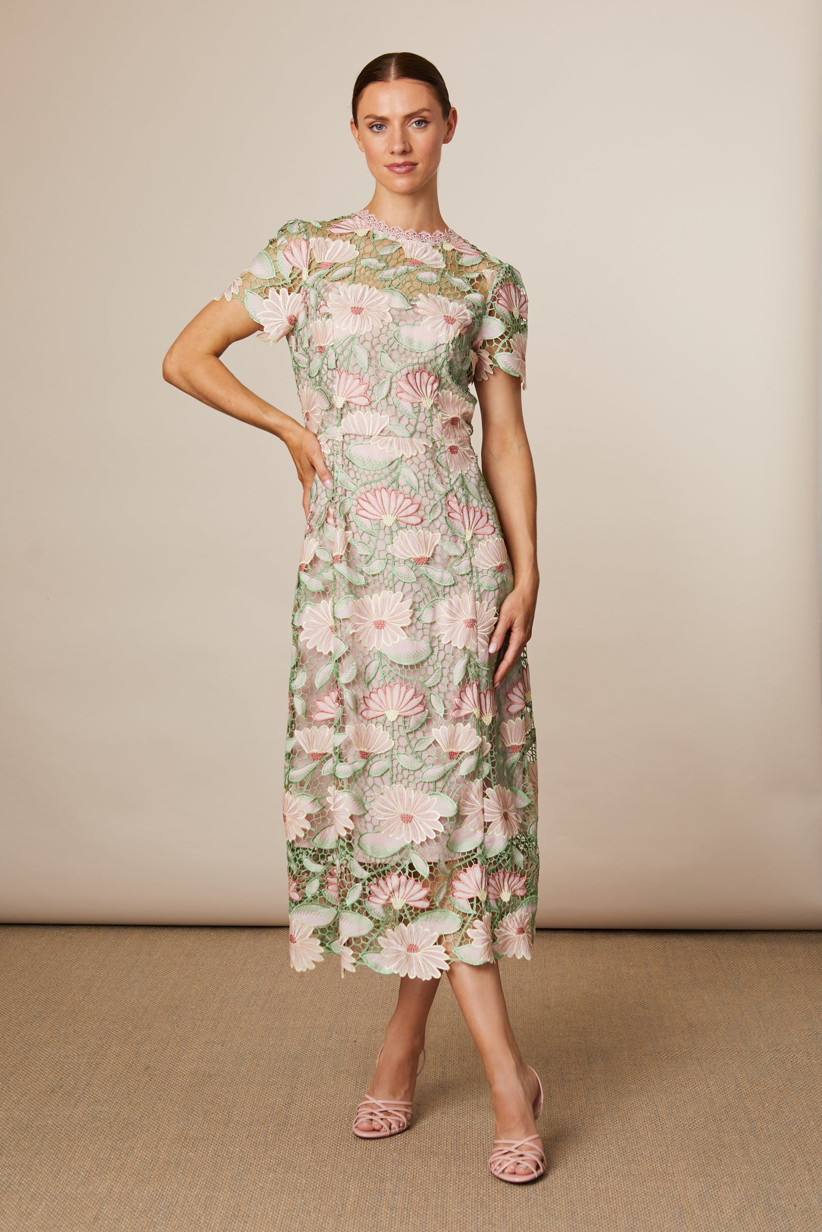 Fee G Loretta Lily Pond green embroidered lace midi dress front view