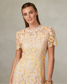 Fee G Loreta Pink Floral Lace Midi Dress With Short Sleeves