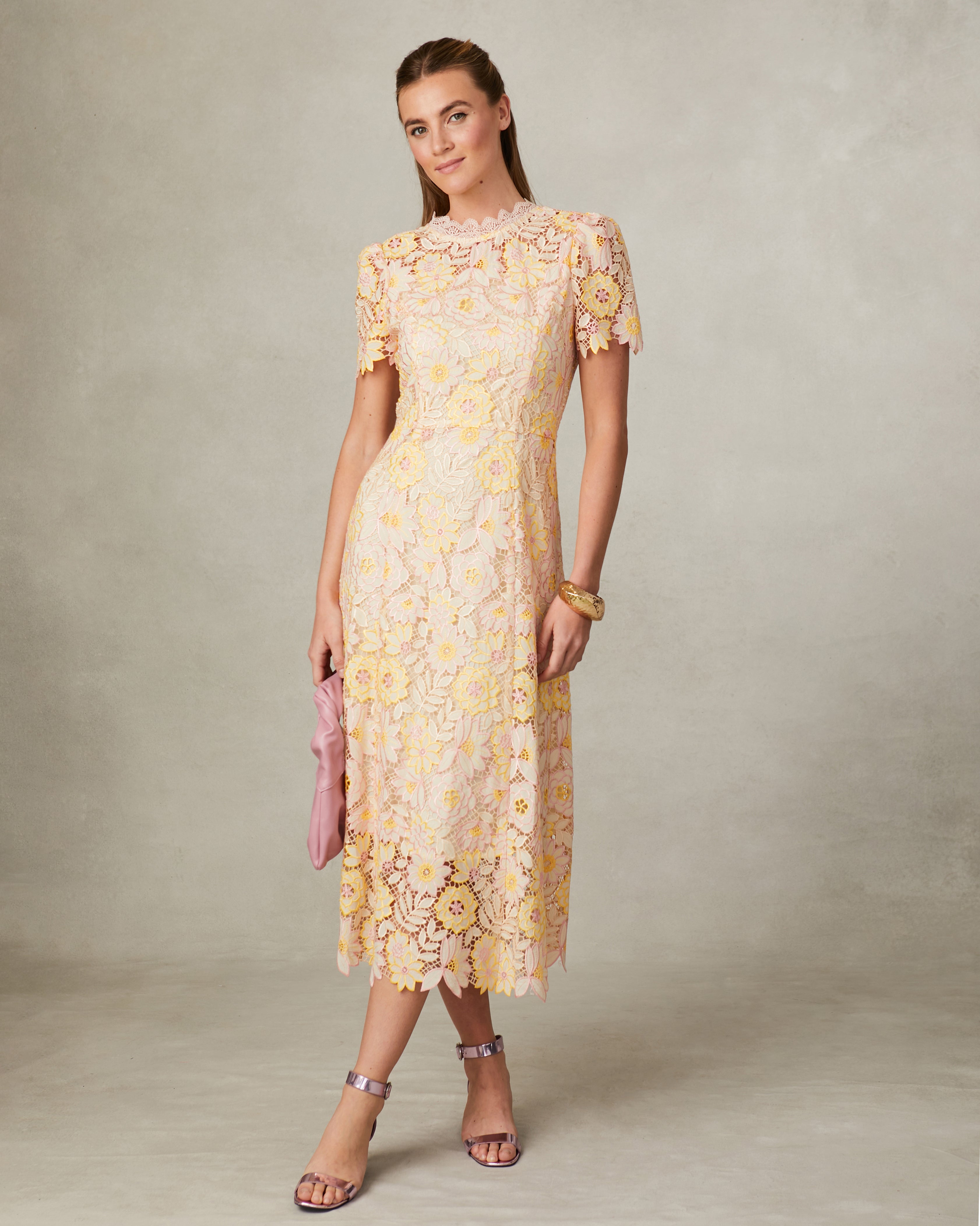 Fee G Loreta Pink Floral Lace Midi Dress