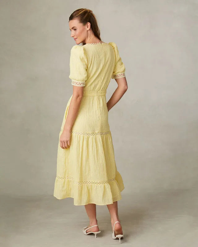 Fee G Dorothy Yellow Lace Insert Tiered Tea Dress From The Back 