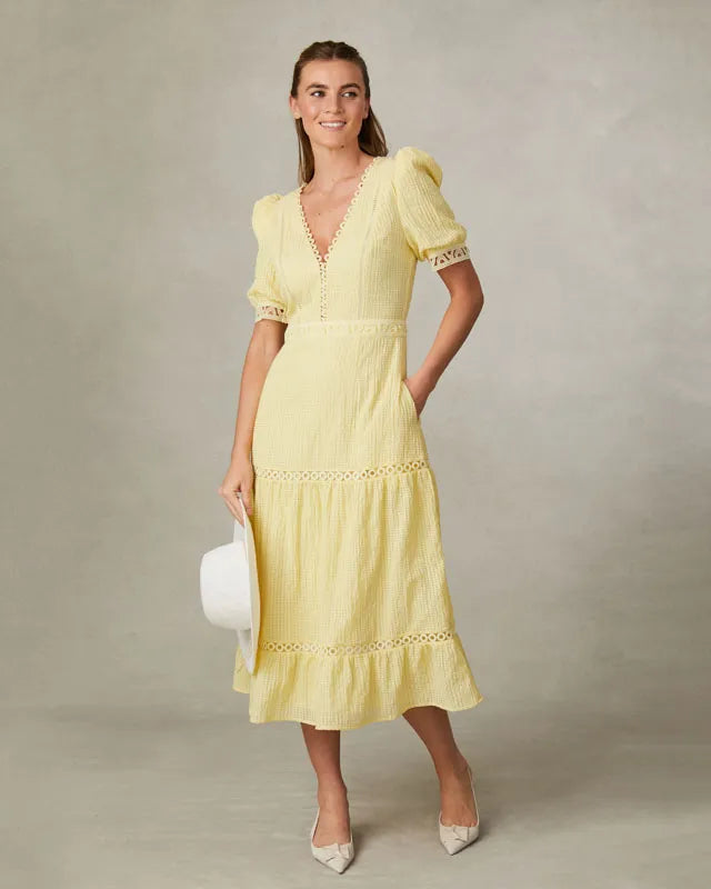 Fee G Dorothy Lemon Yellow Lace Insert Tiered Tea Dress With V Neckline