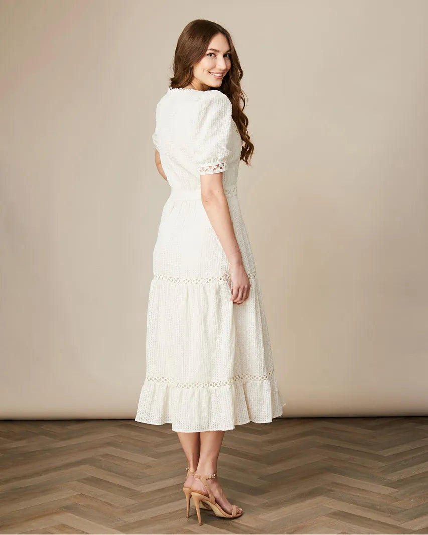 Fee G Dorothy Cream Lace Insert Tiered Tea Dress From the Back 