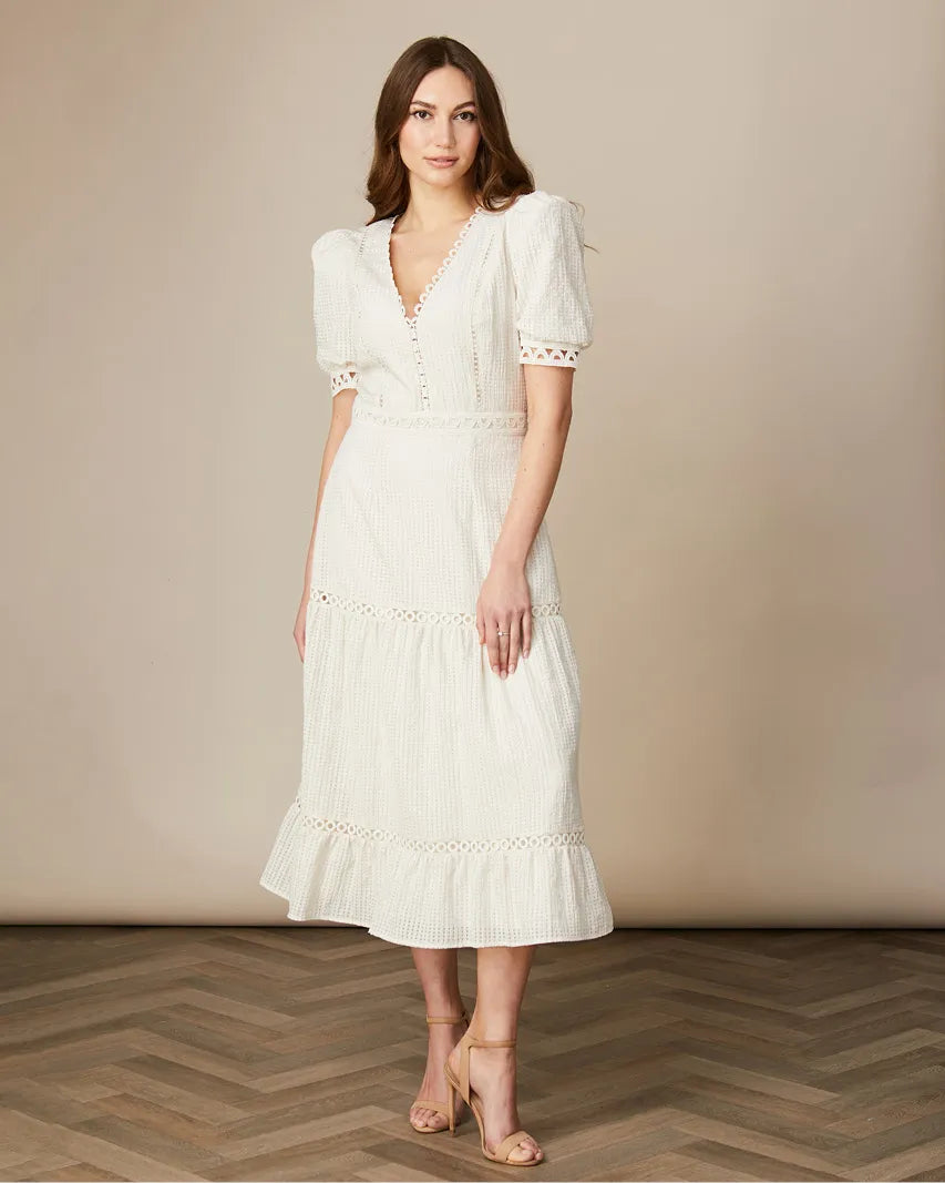 Fee G Dorothy Cream Tiered Midi Length Tea Dress in Cream 