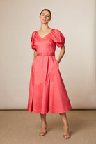 Fee G Lottie coral puff sleeve belted midi dress front view
