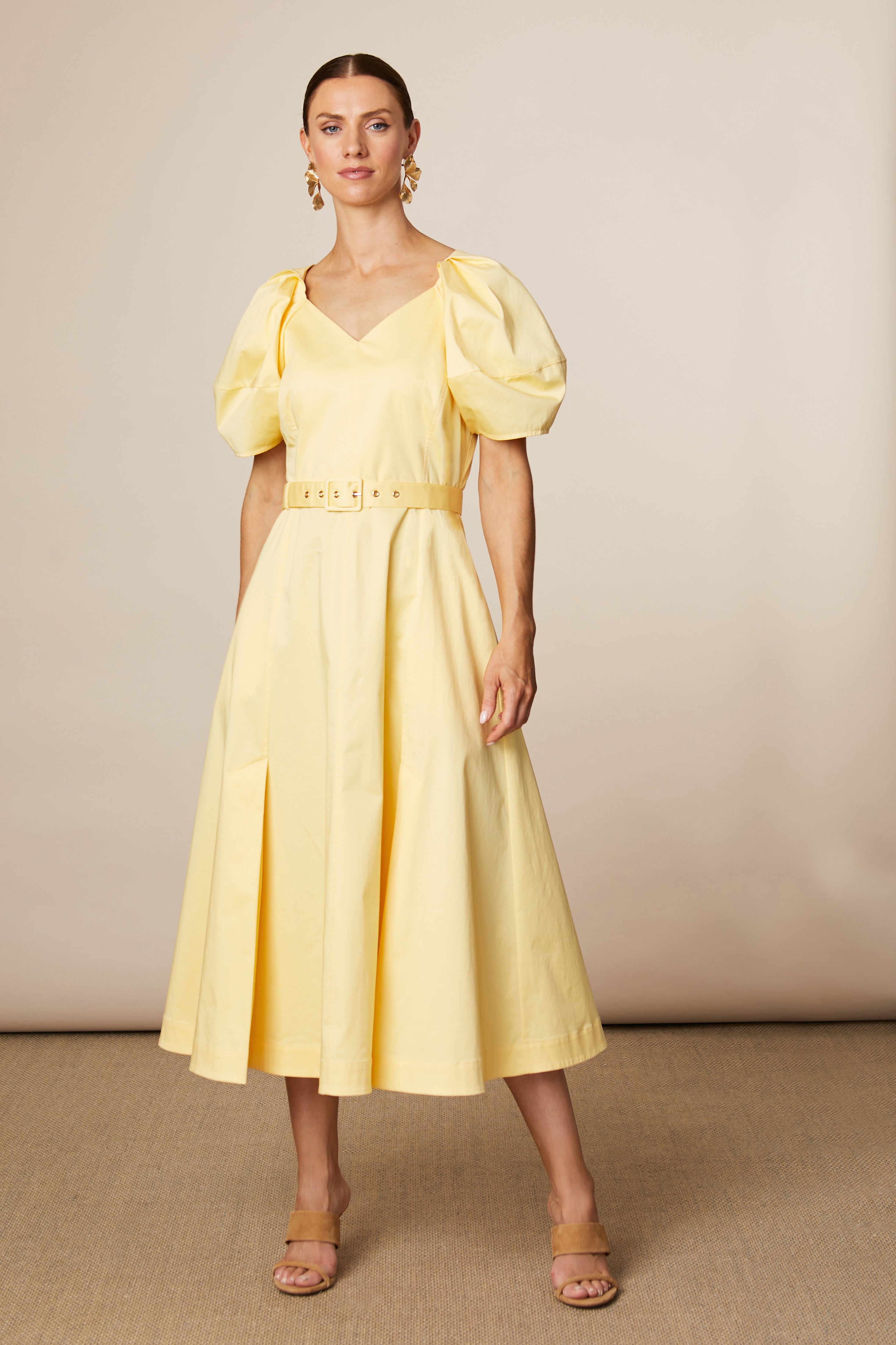 Fee G Lottie lemon puff sleeve belted midi dress front view