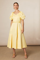 Fee G Lottie lemon puff sleeve belted midi dress front view
