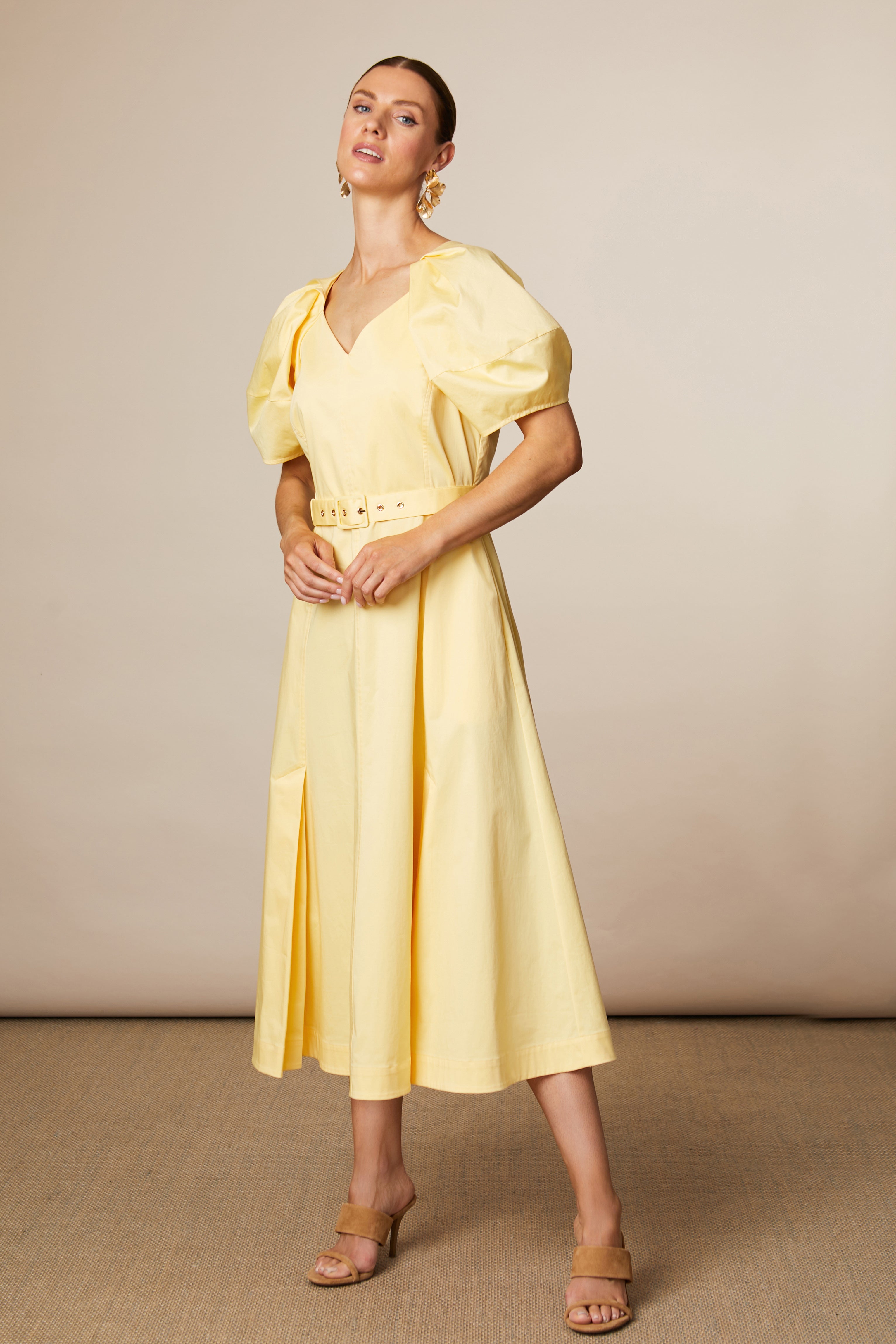 Fee G Lottie lemon midi dress with full skirt and V neckline
