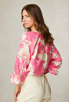 Fee G Daisy pink floral blouse back view raglan sleeve detail