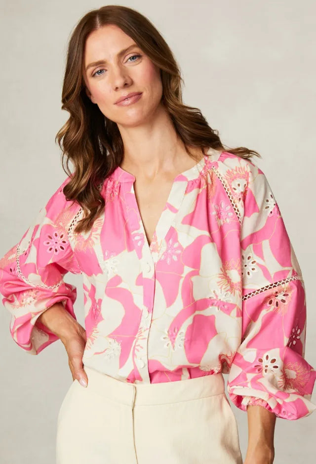Fee G Daisy pink floral raglan sleeve blouse front view