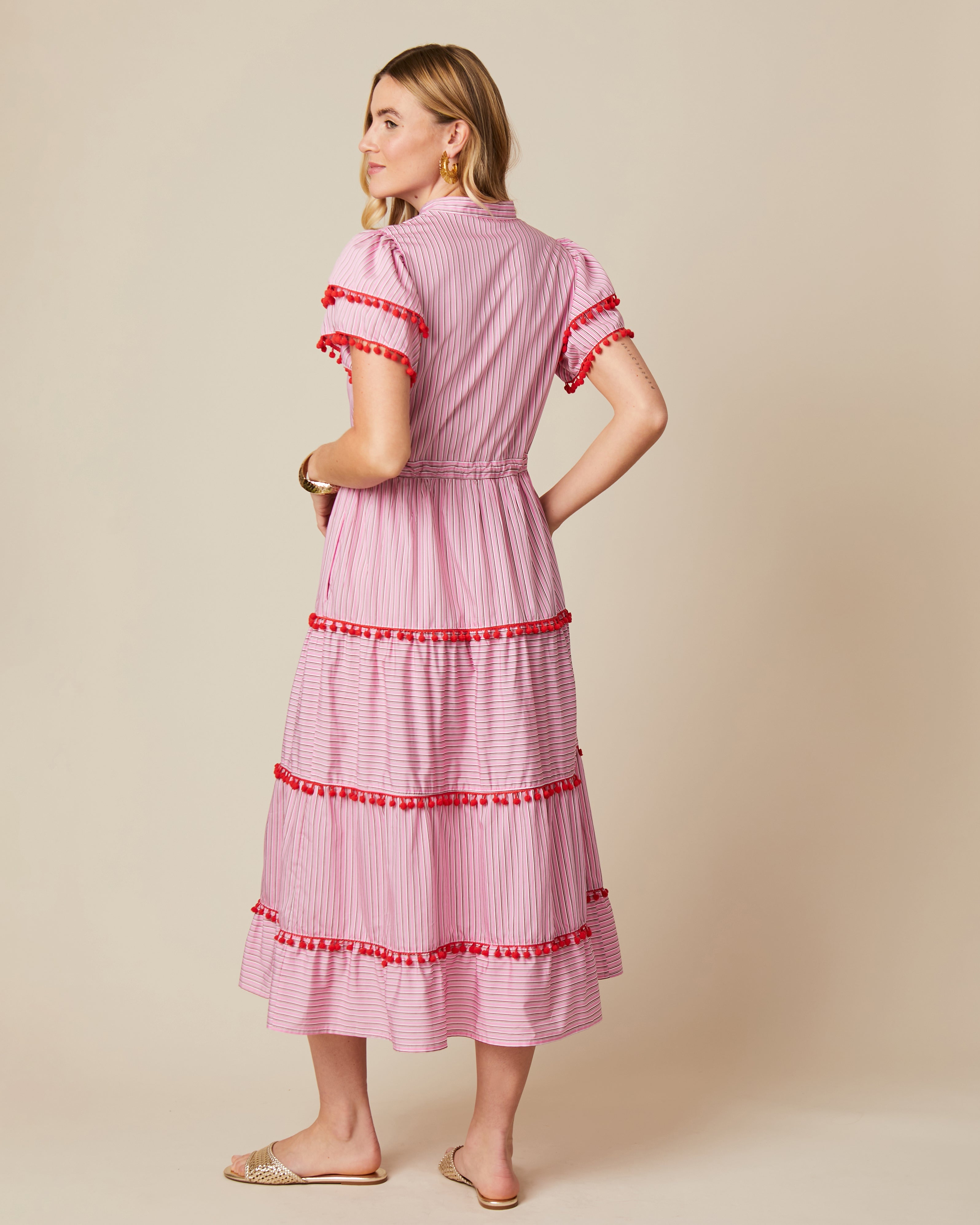 Fee G Eloise Pink Pinstripe Tiered Midi Dress With Tassel Trim From The Back 