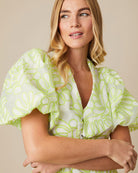 Fee G Tiley Lime Green Embroidered Palm Midi Dress With Short Balloon Sleeves 