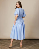 Fee G Leticia Blue Tiered Balloon Sleeve Midi Dress From The Back 