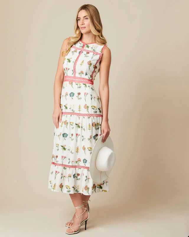 Fee G Marina White Embroidered Floral Print Tiered Tea Dress