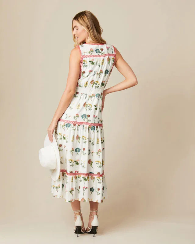 Fee G Marina White Embroidered Floral Print Tea DressFrom The Back 