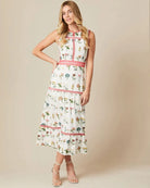 Fee G Marina Sleeveless White Embroidered Floral Print Midi Dress