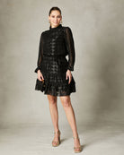 Fee G Leah black dragonscale jacquard lurex dress with sheer sleeves