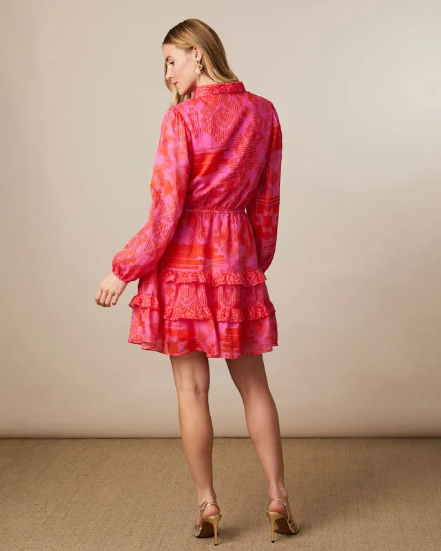 Fee G Sandra Red/Pink High Neck Frilled Dress From The Back 