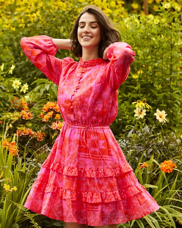 Fee G Sandra Red/Pink High Neck Frilled Shirt Dress