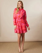 Fee G Sandra Red/Pink High Neck Frilled Mini Dress