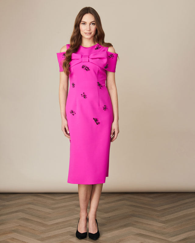 Pink Phoebe off-shoulder midi dress with oversized bow and beaded detail by Fee G.