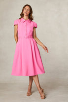 Fee G pink midi shirt dress showing rick rack trim and waist belt
