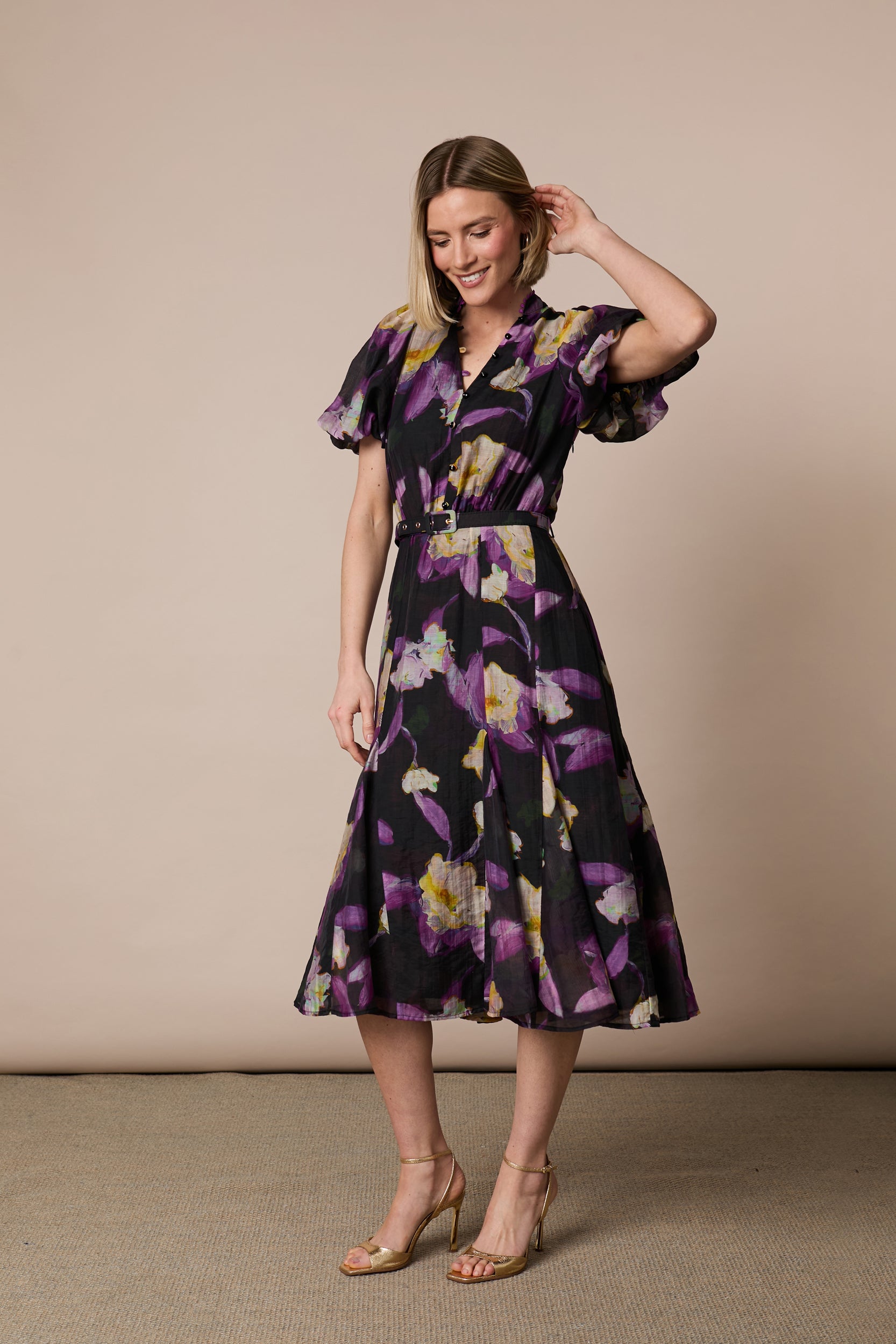 Front view of Fee G Emily floral occasion midi dress