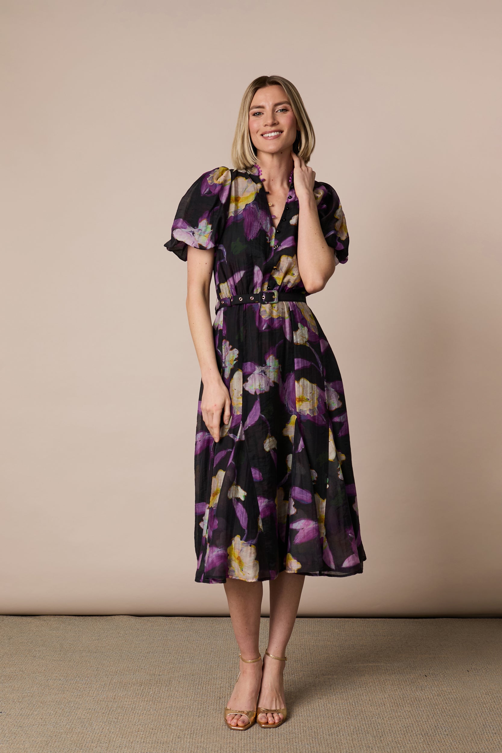 Fee G Emily black purple floral midi dress with waist belt