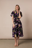 Fee G Emily black purple floral midi dress with waist belt