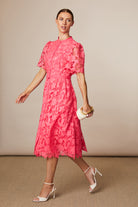 Fee G Regina long pink lace occasion dress front view