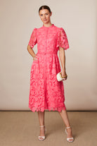 Fee G Regina pink lace midi dress with belted waist