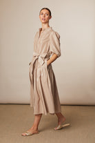 Fee G Marley beige midi dress with self tie belt side view