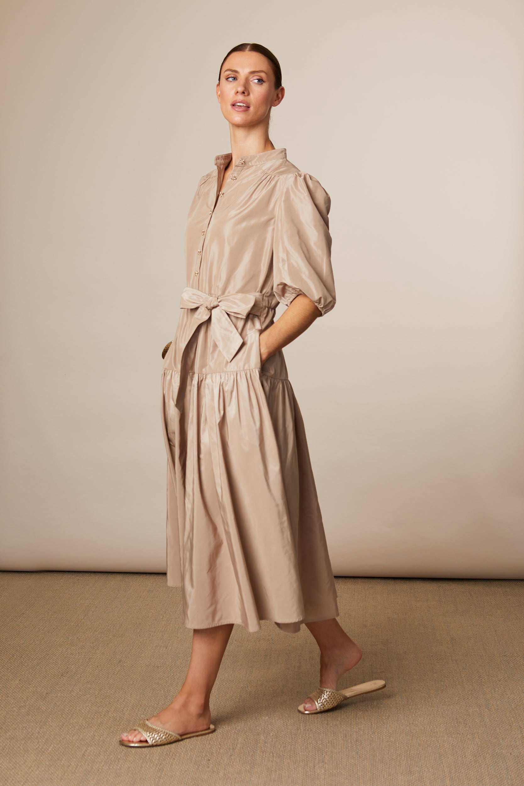 Fee G Marley beige midi dress with self tie belt side view
