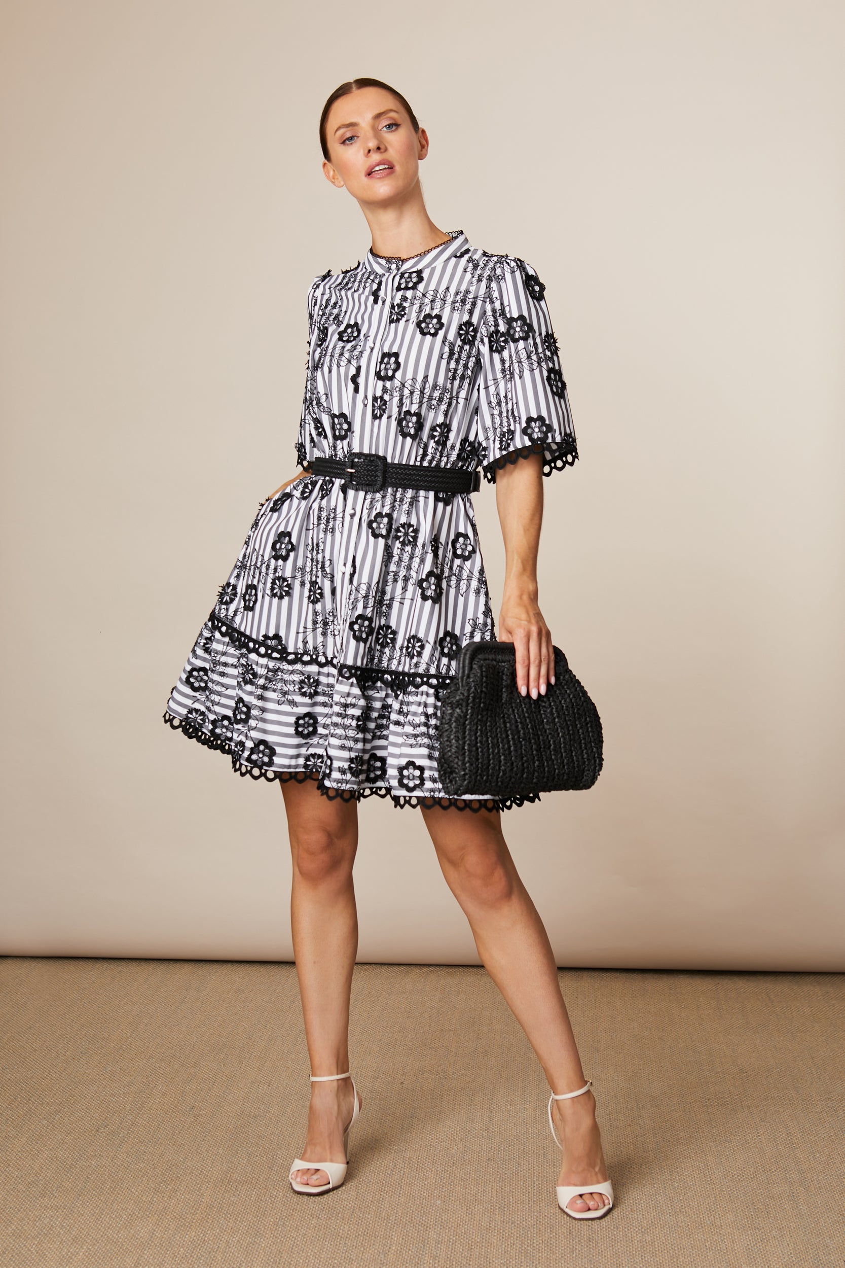 Fee G June short stripe floral print dress with lace trims, belted waist, front view