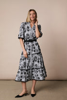 Fee G June floral stripe midi dress with button front and raffia belt