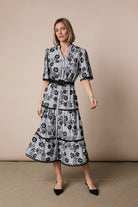 Fee G June black and white stripe tiered midi dress front view