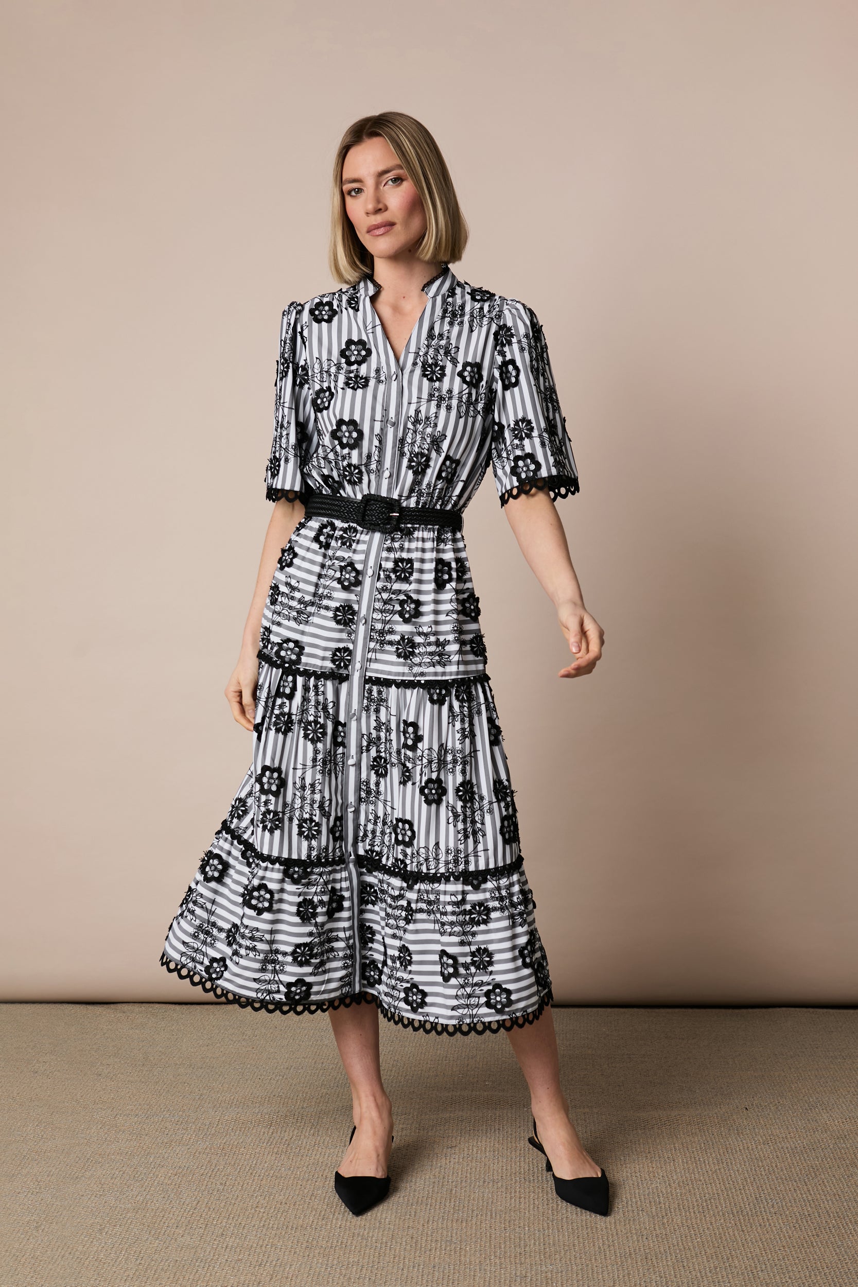 Fee G June black and white stripe tiered midi dress front view