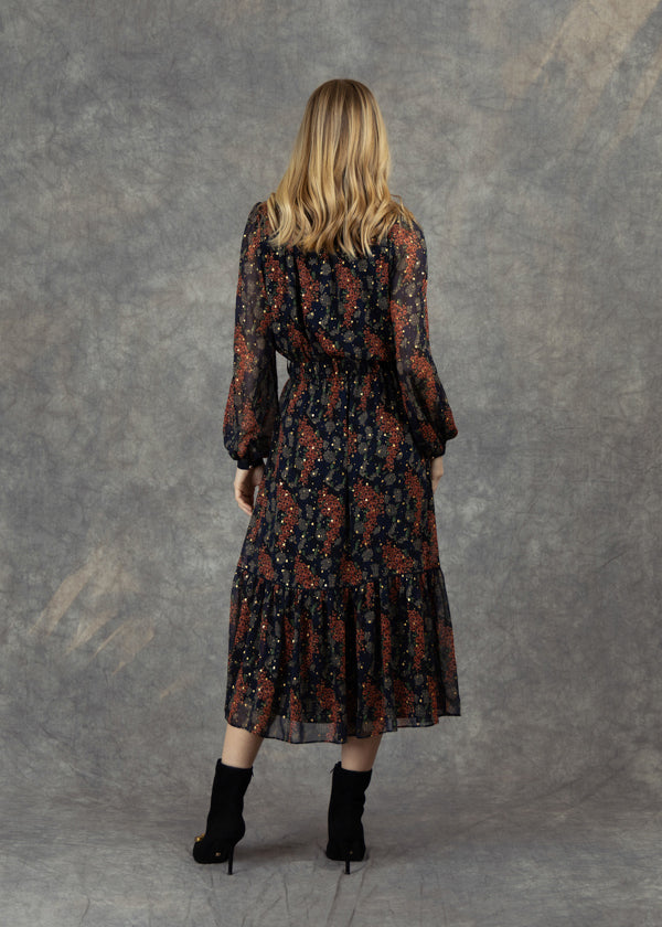 Fee G Tess Navy Tiered Floral Print Midi Dress From Back