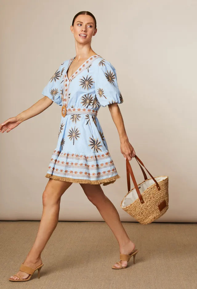 Fee G embroidered palm cotton mini dress women walking view
