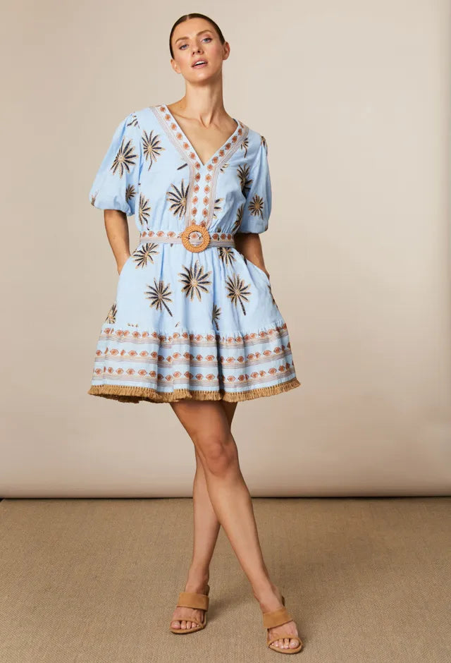Fee G embroidered palm mini dress blue cotton women front view