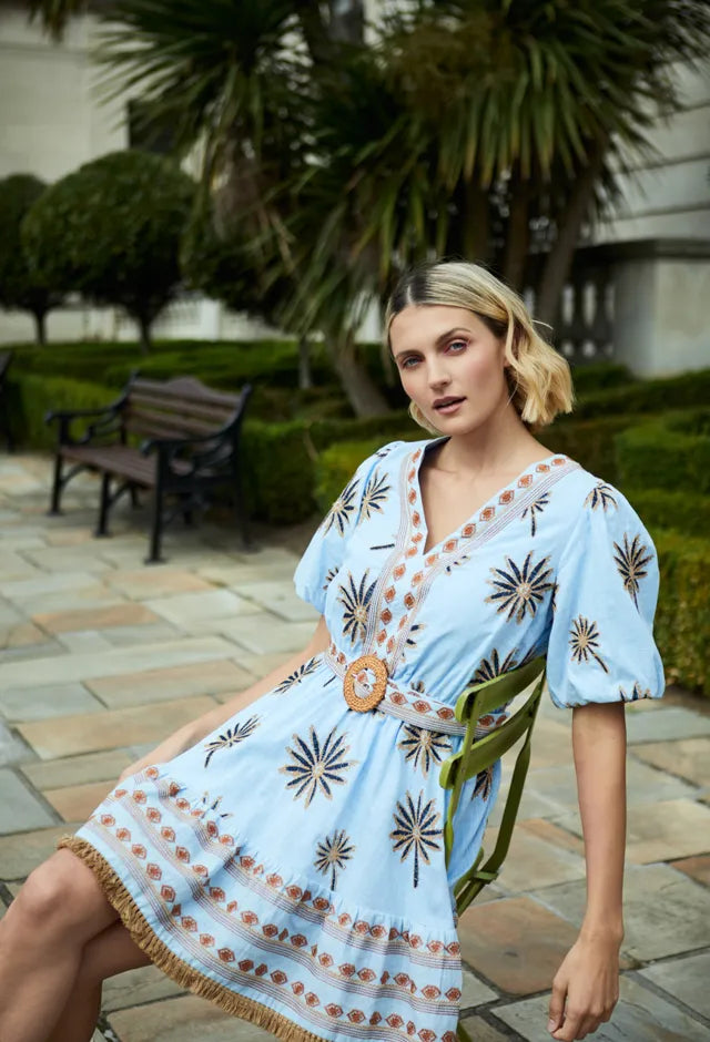 Fee G embroidered palm mini dress blue cotton outdoor view