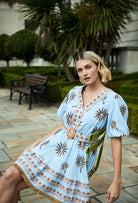 Fee G embroidered palm mini dress blue cotton outdoor view