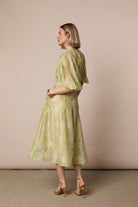 Fee G Kate green paisley wedding guest midi dress front view